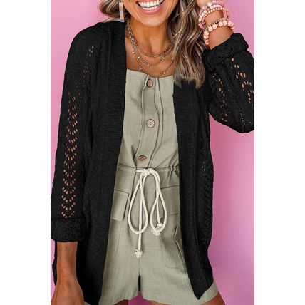 Black Solid Open Knit Cardigan