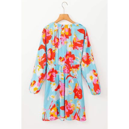 Sky Blue Floral Bracelet Sleeve Empire Waist Mini Dress
