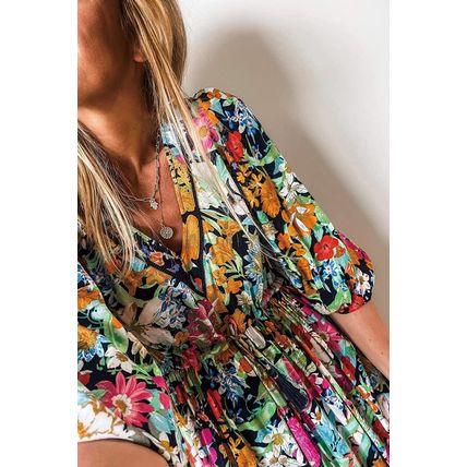 Green Floral Puff Sleeve V Neck Tassel Drawstring Dress