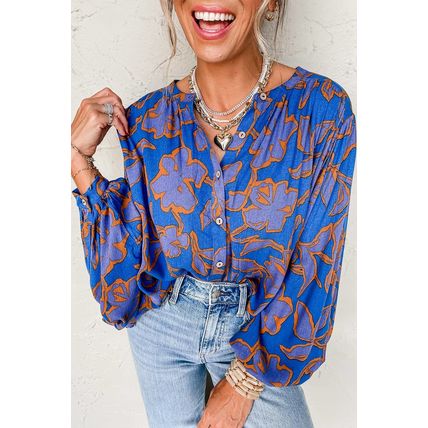 Blue Floral Print Batwing Sleeve Buttoned Loose Fit Shirt