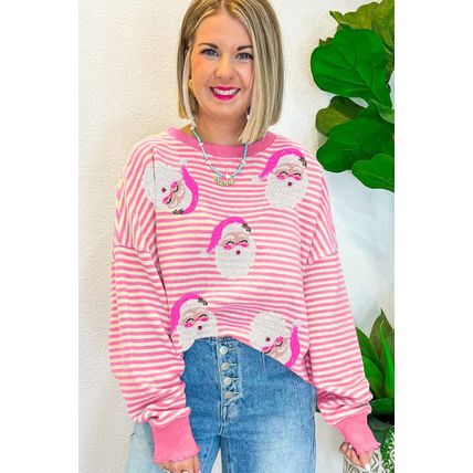 Pink Stripe Santa Clause Print Drop Shoulder Long Sleeve Loose Top