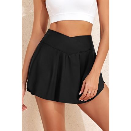 Black Solid Pocketed Crossover High Waist Swim Skort