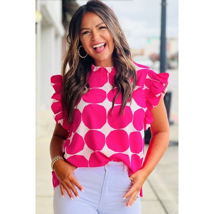 Rose Bubblegum Pattern Frilled Collar Flutter Sleeve Top