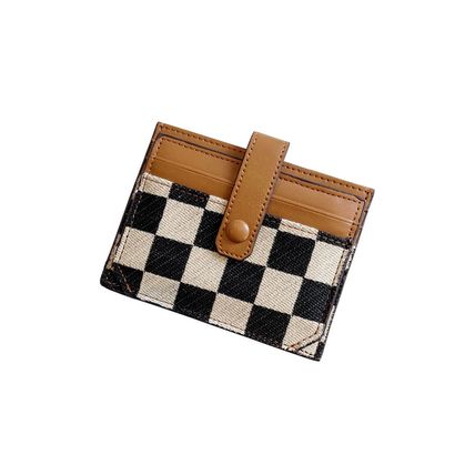 Coffee Leather Checkered Canvas Patchwork Card Storage Wallet