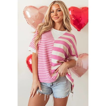 Pink Stripe Patchwork Textured Short Sleeve High Low Loose Top
