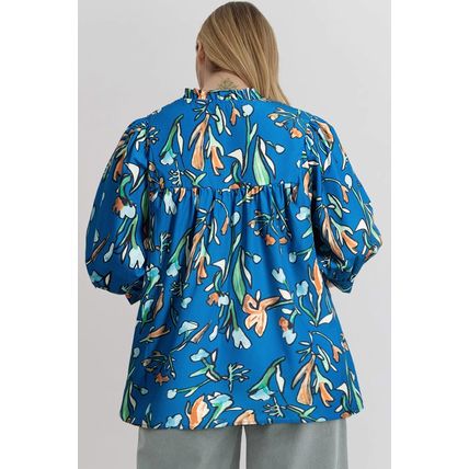 Blue Floral Notched V Neck Half Sleeve Plus Size Blouse
