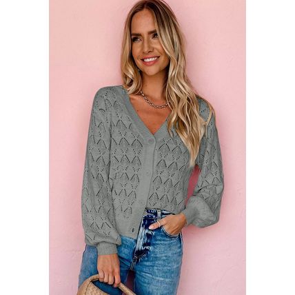 Gray Lightweight Buttoned Front Crochet Cardigan