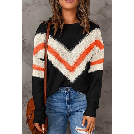 Black Chevron Striped Drop Shoulder Sweater