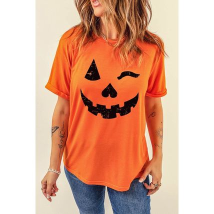 Orange Halloween Pumpkin Face Print Crew Neck T Shirt