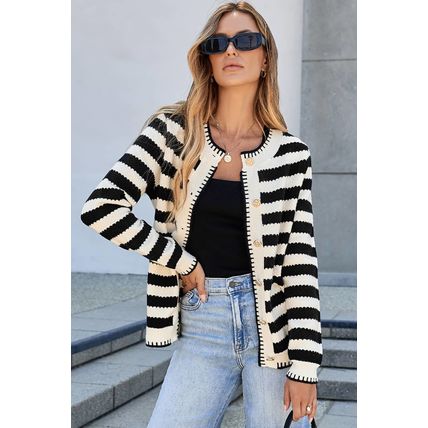 Black Stripe Chic Golden Button Cardigan Sweater