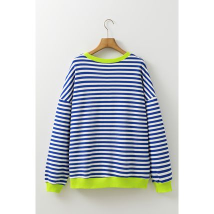 Sky Blue Stripe Striped Contrast Ribbed Trim Crossed Stitch Drop Shoulder Sweats