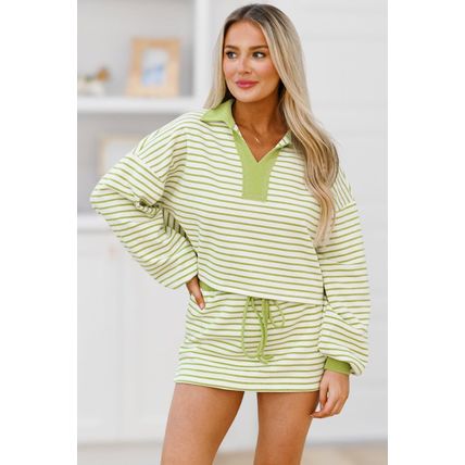 Green Stripe Collared V Neck Drop Shoulder Pullover and Skort 2pcs Outfit