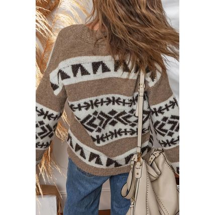 Dark Khaki Ethnic Geometric Pattern Button Front V Neck Sweater Cardigan