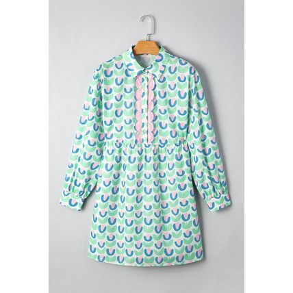Green Floral Print Notched Neck Scalloped Detail Long Sleeve Mini Dress