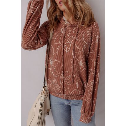 Brown Floral Twisted Rib Drawstring Kangaroo Pocket Hoodie