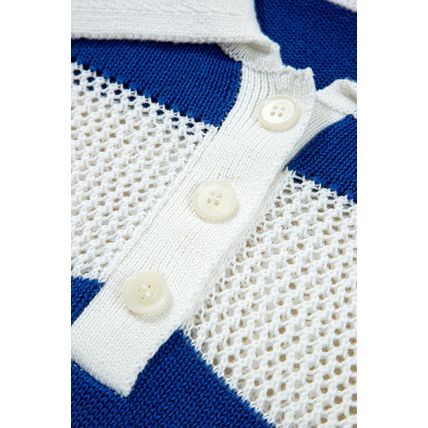 Blue Stripe Colorblock Polo Collar Eyelet Crochet Knitted Sweater