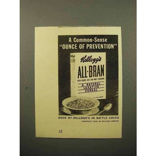 1940 Kellogg's All-Bran Cereal Ad - Ounce of Prevention