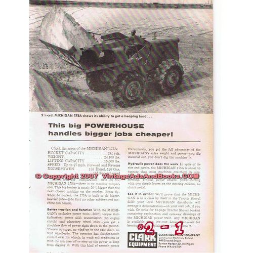 CLARK EQUIPMENT COMPANY 1955 Michigan 175A tractor vintage ad