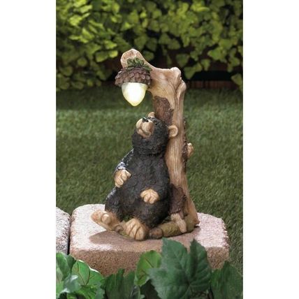 SOLAR POWERED Lawn Statue BLACK BEAR Rustic GARDEN ORNAMENT LIGHTED YARD Decor