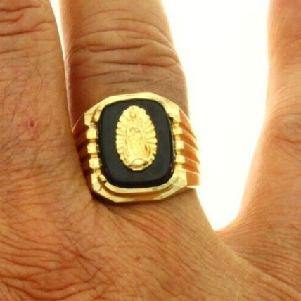 Virgin Mary Guadalupe Religion Natural Onyx Men Ring 14k Gold 10.4 Gr Size 10.5