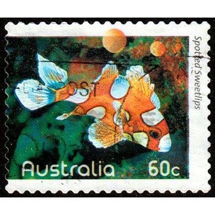Australia 2010 Fish 60c Used Stamp 12.5 Perf Sweetlips.
