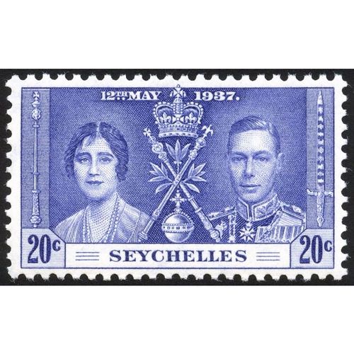 Seychelles KGVI 1937 Coronation 20c Blue Unmounted Mint NHM SG 134 royalty stamp