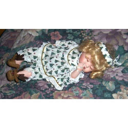 Porcelain & Cloth Artisan Sleepy Thumb in Mouth Baby Girl Rides Rocking Reindeer