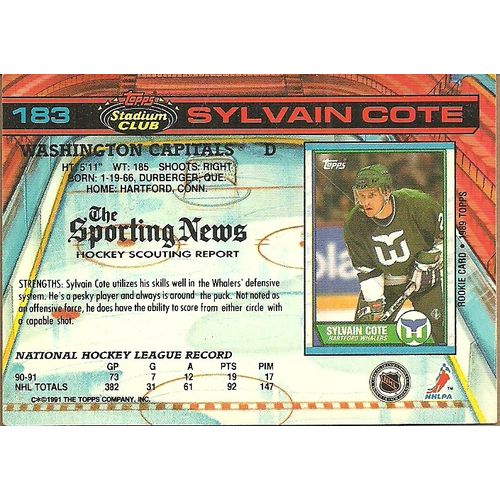 Topps Stadium Club 1991 NHL Hockey Trading Card #183 Sylvain Cote #21 Whalers