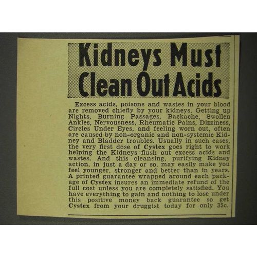 1940 Cystex Medicine Ad - Kidneys Clean Out Acids