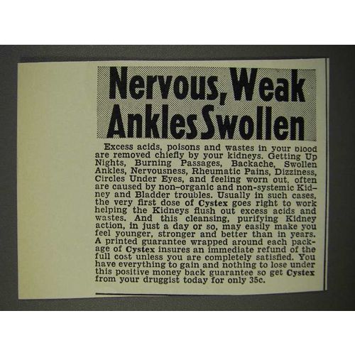 1940 Cystex Medicine Ad - Nervous, Weak Ankles Swollen