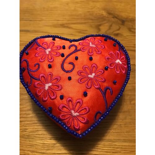 Heart Embroidery and Beaded Trinket Box Covered in Red Satin Fabric