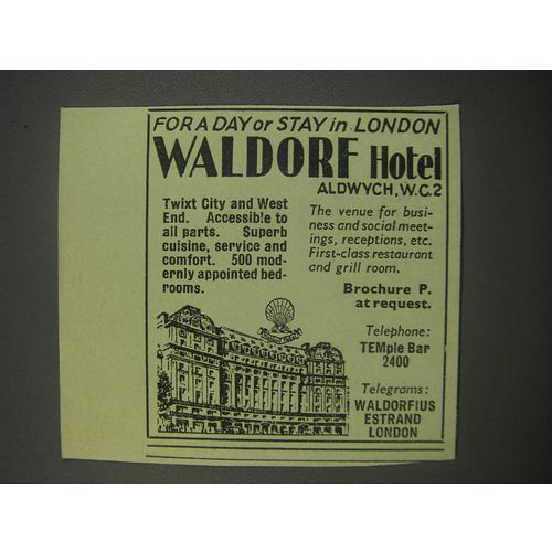 1954 Waldorf Hotel Ad - For a day or stay in london