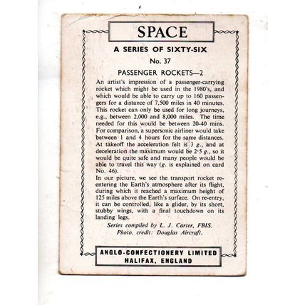 ANGLO CONFECTIONERY TRADE CARD SPACE 1967 NUMBER 37 PASSENGER ROCKETS-2