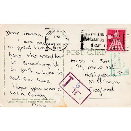 Miami United States Postcard 1970 4d Tax to pay 6/13 corner crease