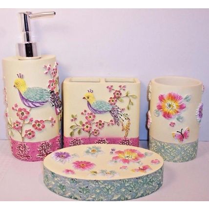 Avanti Linens Garden Party Birds Soap Dispenser Dish Toothbrush Tumbler 4 pc Set