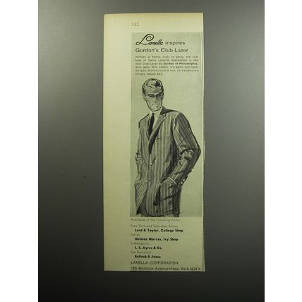 1956 Gordon of Philadelphia Fashion Ad - Lanella inspires Gordon's Club-Lazer