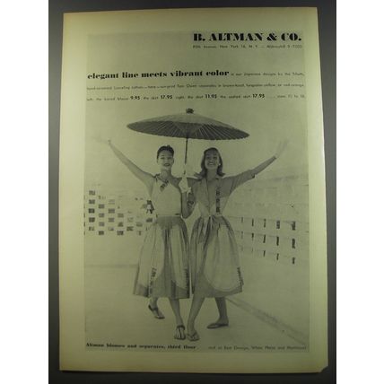 1956 B. Altman & Co. Fashion Ad - Elegant Line meets vibrant color