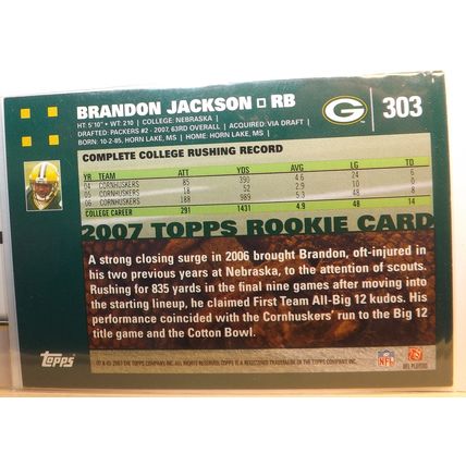 2007 Topps BRANDON JACKSON (Packers) Rookie card #303