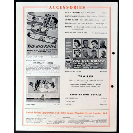 BIG KNIFE 1955 Jack Palance, Ida Lupino, Shelley Winters UK CAMPAIGN BOOK