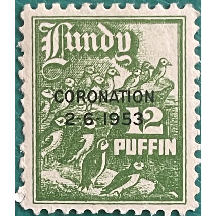Lundy 1953 Coronation 12d black o/p Green Mounted Mint MM SG 107 Stamp Puffin