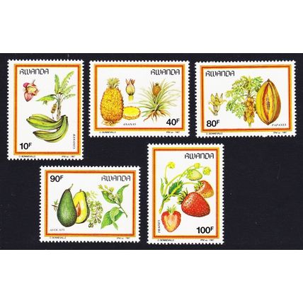 Rwanda Bananas Pineapple Papaya Avocado Strawberries Fruits 5v 1987 MNH