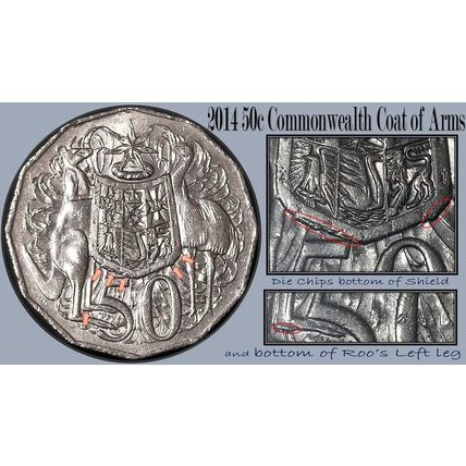 Australia 2014 50c Coat of Arms 'Die Chips on Roo's (L) Leg and (Bottom) Shield