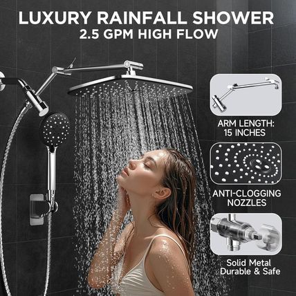 Veken Wide Rain Shower Head with 6 Modes Handheld Water Spray，High Pressure Show