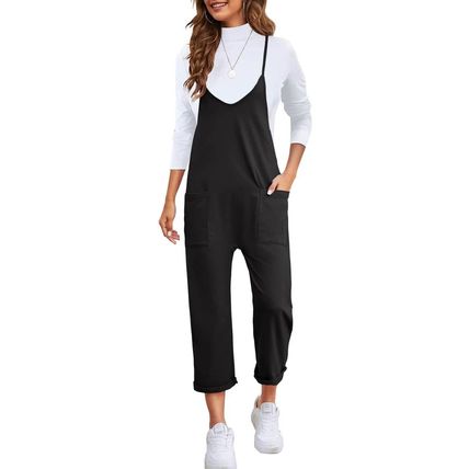 Black Pocketed Adjustable Spaghetti Strap Straight Leg Jumpsuit