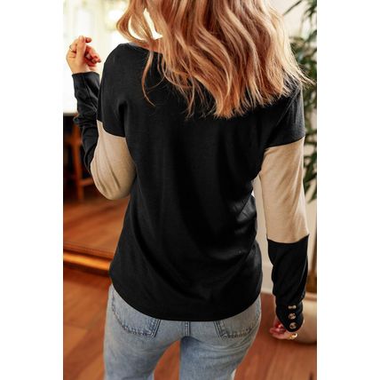 Parchment Colorblock Button Decor Long Sleeve V Neck Top