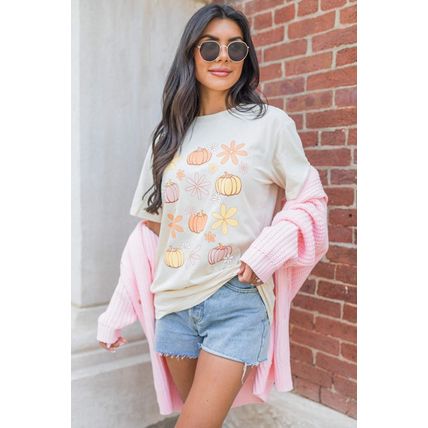 White Floral Pumpkin Graphic Crewneck Halloween T Shirt