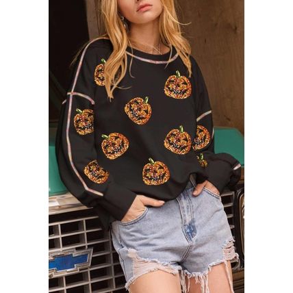 Black Sequin Pumpkin Face Graphic Exposed Seam Halloween Sweatshirt