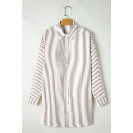 Khaki Stripe Long Sleeve Button Up Mini Shirt Dress