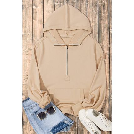 Parchment Solid Kangaroo Pocket Half Zipper Oversized Hoodie