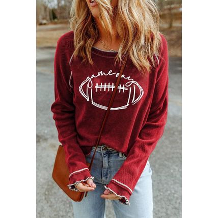 Red Game Day Rugby Football Graphic Thermal Knit Top
